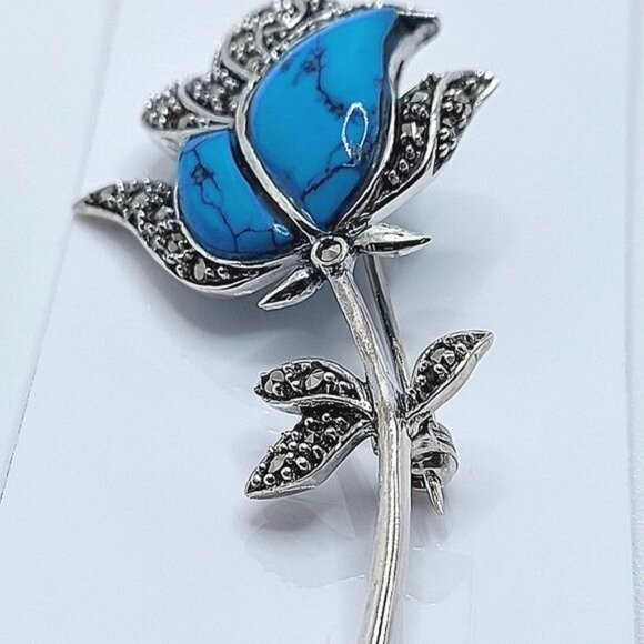 Stabilized Natural Blue Turquoise & Marcasite 925 Sterling Silver Rose‎ Brooch - Picture 5 of 10